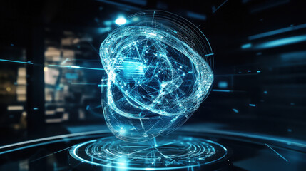 Futuristic technology sphere with digital network connections on a sleek platform a vision of advanced technological innovation and data connectivity