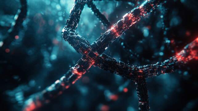 Complex network of interconnected nodes and pathways with a futuristic technology style visual. This is high tech communication or data structure concept design