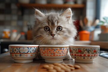 A fluffy silver tabby kitten with big innocent eyes curiously peers over three decorative ceramic bowls filled with crunchy almond biscuits on a wooden kitchen counter