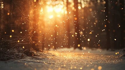 Enchanting winter forest bathed in golden sunlight creating a magical atmosphere of sparkling snow and glistening trees perfect for seasonal themes and holiday imagery