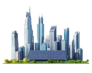 Fototapeta premium Futuristic city skyline featuring tall buildings and solar panels, showcasing modern architecture and sustainability. vibrant urban landscape with greenery enhances scene