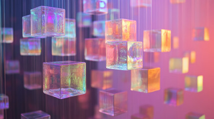 Suspended Holographic Cubes in a Gradient Light Show: A Modern Abstract Art Piece for Technology Enthusiasts and Design Lovers Seeking a Futuristic Vibe