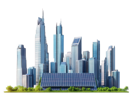 Futuristic city skyline featuring tall buildings and solar panels, showcasing modern architecture and sustainability. vibrant urban landscape with greenery enhances scene