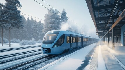 Fototapeta premium hydrogen fuel cell-powered train, emitting only water vapor, pulling into a modern railway station amidst a winter wonderland