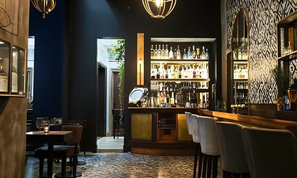 Elegant bar interior, sophisticated lighting, tiled floor, plants, city location, background showing dining area