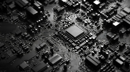 Detailed view of a complex motherboard featuring an integrated circuit showcasing cutting-edge technology and sophisticated electronic components design