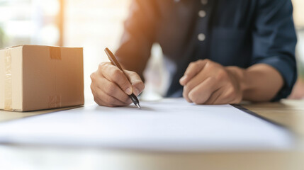 person signing document next to package on table