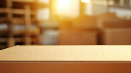 Cardboard box in sunlit warehouse, blurred background