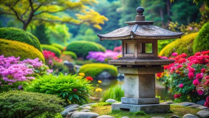 Serene stone lantern standing alone in a peaceful Japanese garden surrounded by lush greenery and vibrant flowers