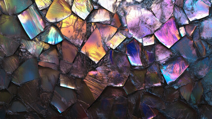 Abstract iridescent mosaic with vibrant colors and unique stone textures offering a visually captivating and versatile background for various design applications