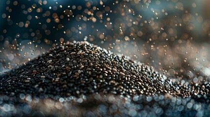 A heap of nutritional chia seeds with other seeds falling down with a beautiful bokeh light effect and dark ambiance