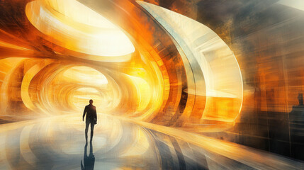 A man walks through a futuristic architectural tunnel bathed in golden light exploring the concepts of ambition discovery and the human journey forward