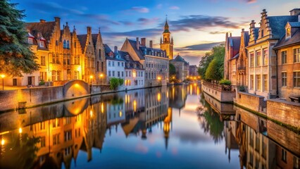 Obraz premium Softly illuminated canals and ancient architecture at dusk in the medieval town of Bruges , medieval, old, medieval, old