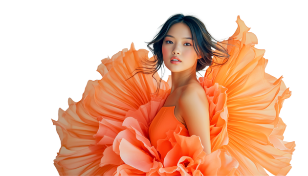 A woman wearing a orange dress that billows like large fabric flowers on grey background