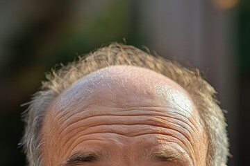 Close-Up of Forehead Lines on an Older Man's Face, Showcasing the Natural Aging Process and Receding Grey Hair