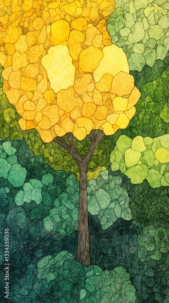 Poster a high-angle view of a tree with an vibrant yellow canopy surrounded by verdant green trees in an ab