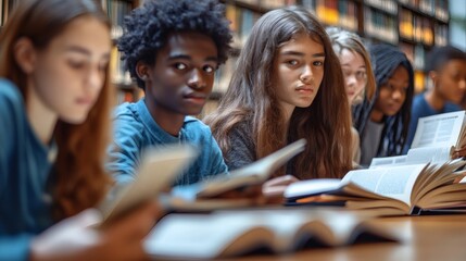 Diverse students studying together in a library setting surrounded by books