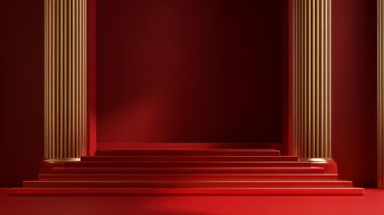 Dramatic Stage with Red Steps and Gold Pillars for Display