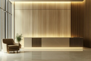 Contemporary Hotel Lobby Wall Design with Light Wood Reception and Spacious Armchair Area
