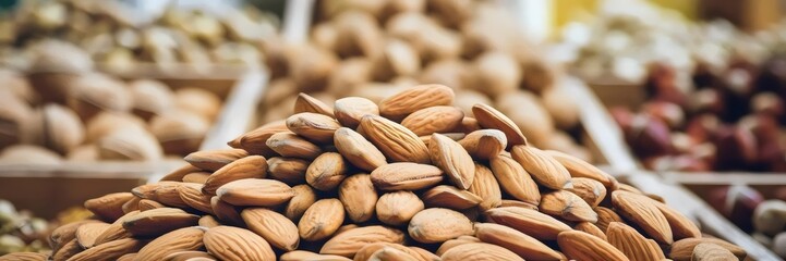 Obraz premium Macro close-up of raw almonds piled high in a bulk food store