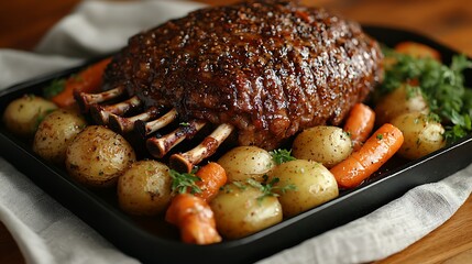 A delicious roasted rack of lamb served with vegetables on a tray