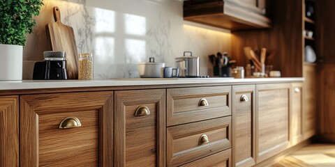 Modern wooden kitchen with elegant design and well-organized cooking tools in soft evening light