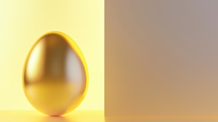 Whimsical 3D render of a softly glowing golden egg beside a blank banner, ideal for customizable messages in luxury Easter designs, celebrations, or festive promotions.