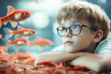 Curious Boy in Glasses Observing Colorful Fish at Vibrant Aquarium â€“ A Fun Underwater Adventure for Children
