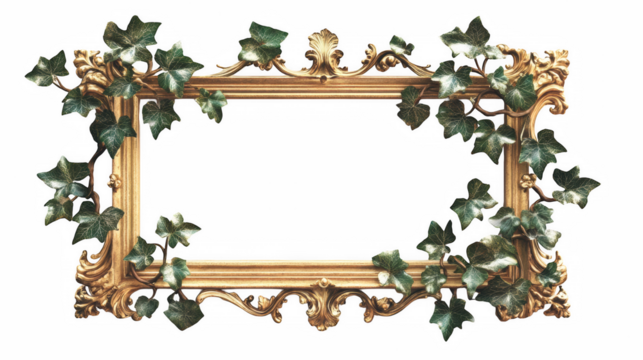 gold ornate picture frame entwined with ivy, creating beautiful and elegant display. intricate design of frame complements lush greenery, adding touch of nature to decor