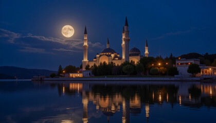 Fototapeta premium Minaret and full moon reflection over water, serene night