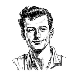 Handsome man portrait, confident expression, vintage illustration, black and white, copy space
