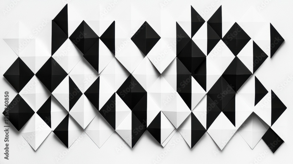 Poster a geometric pattern composed of black and white triangles arranged in a zigzag formation.
