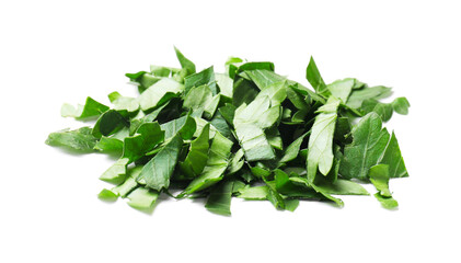 Chopped green parsley leaves isolated on white