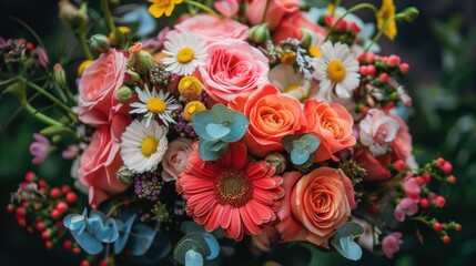 A Lush and Vibrant Bouquet of Peach and Coral Roses, White Daisies, and Yellow Accents on a Dark Green Natural Background