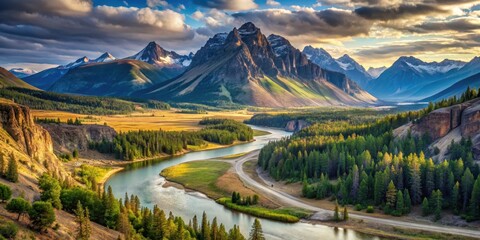 Fototapeta premium Mountain and river valley, valley, scenery, valley, scenery