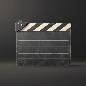 Grungy film slate on dark background; blank, vintage movie clapperboard.