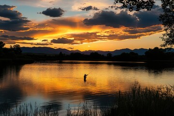 Fototapeta premium Evening Bliss: Last Cast During a Fly Fishing Sunset in Montana's Tranquil Waters