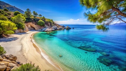 Obraz premium Serene beach scene with crystal clear blue water at Livadi in Ikaria island, surrounded by lush greenery and white sandy shores , blue ocean, serene landscape