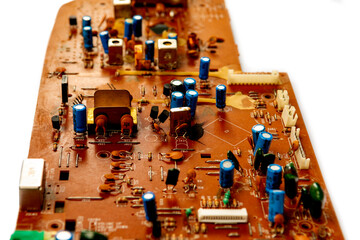 Electronic board with radio components, connectors, slots and processor chip from an electronic device, Top view close-up