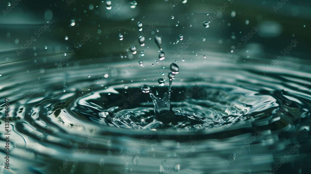 Poster a mesmerizing macro photograph capturing the dynamic moment of a water droplet impacting a tranquil 