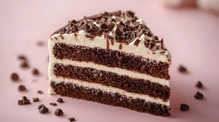 Slice of layered chocolate cake with cream filling sits on a soft light pink background, styled minimally with rich texture and professional lighting.