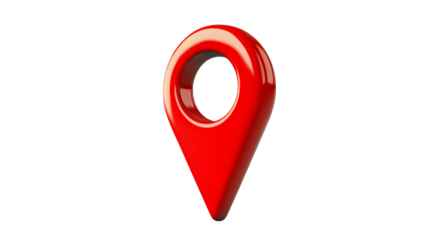 Shiny red location pin pointing position on a transparent background