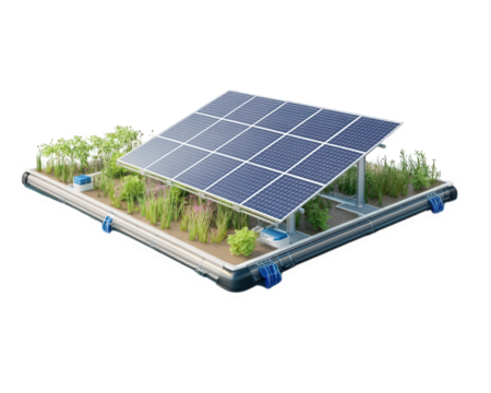 floating solar farm with greenery, showcasing renewable energy technology. This innovative design combines solar panels and vegetation for sustainable energy production