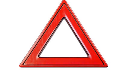 Red warning triangle sign on transparent background, indicating caution and safety