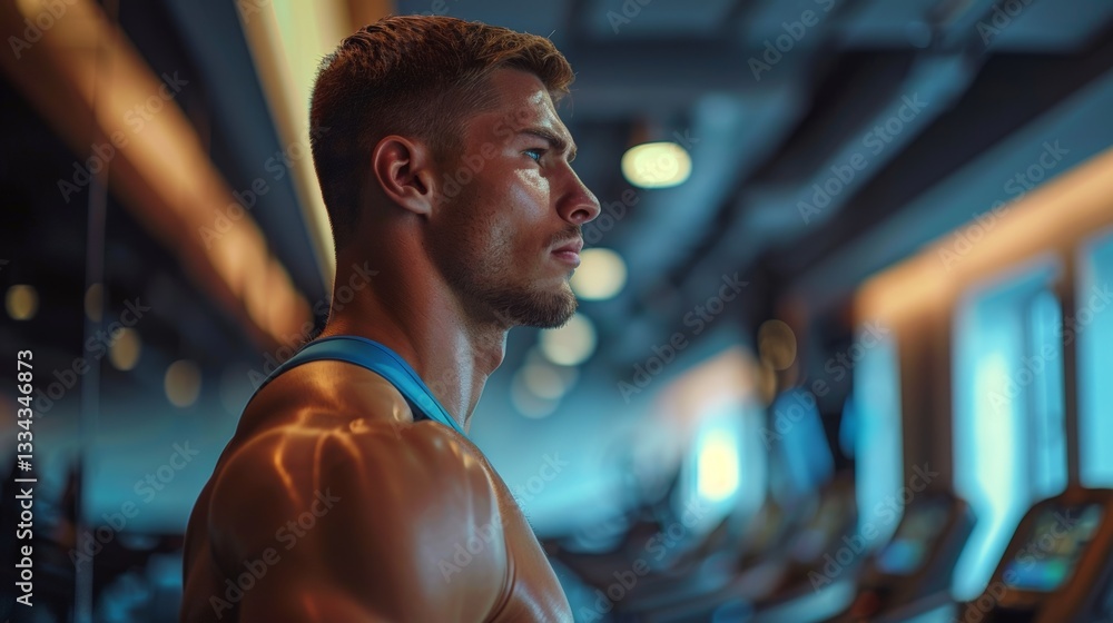 Poster a man exercising and running on a gym treadmill in motion