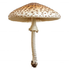 Tall and slender parasol mushroom with distinctive spotted cap, showcasing its unique structure and natural beauty. perfect specimen for nature enthusiasts