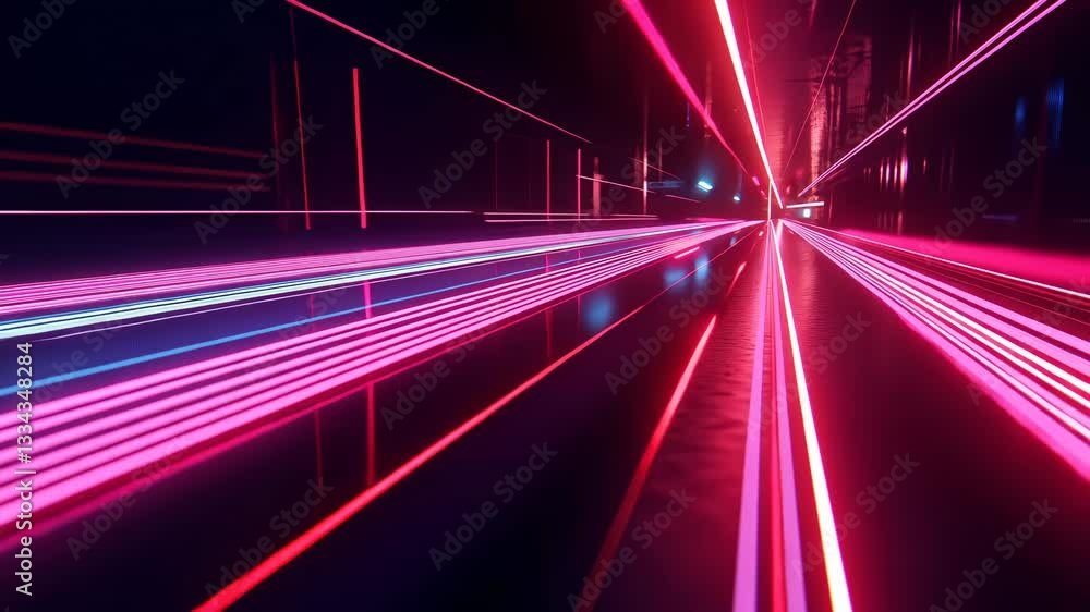 Poster pink and blue neon lines stretch along a dark tunnel, creating an effect of speed and motion.