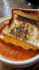 A grilled cheese sandwich with melted cheese served alongside a bowl of tomato soup.