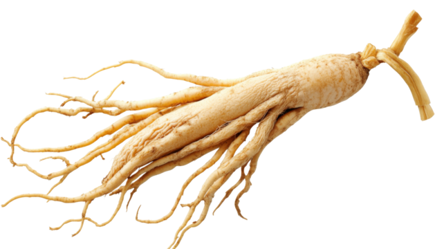 Ginseng root showing thin rootlets on transparent background