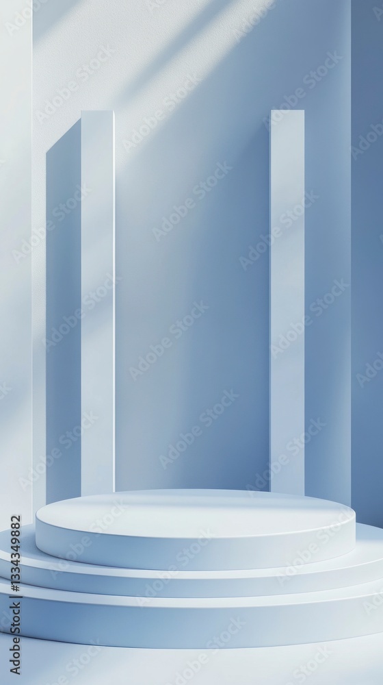 Poster displaying product on white podium with minimalist architectural design and shadows